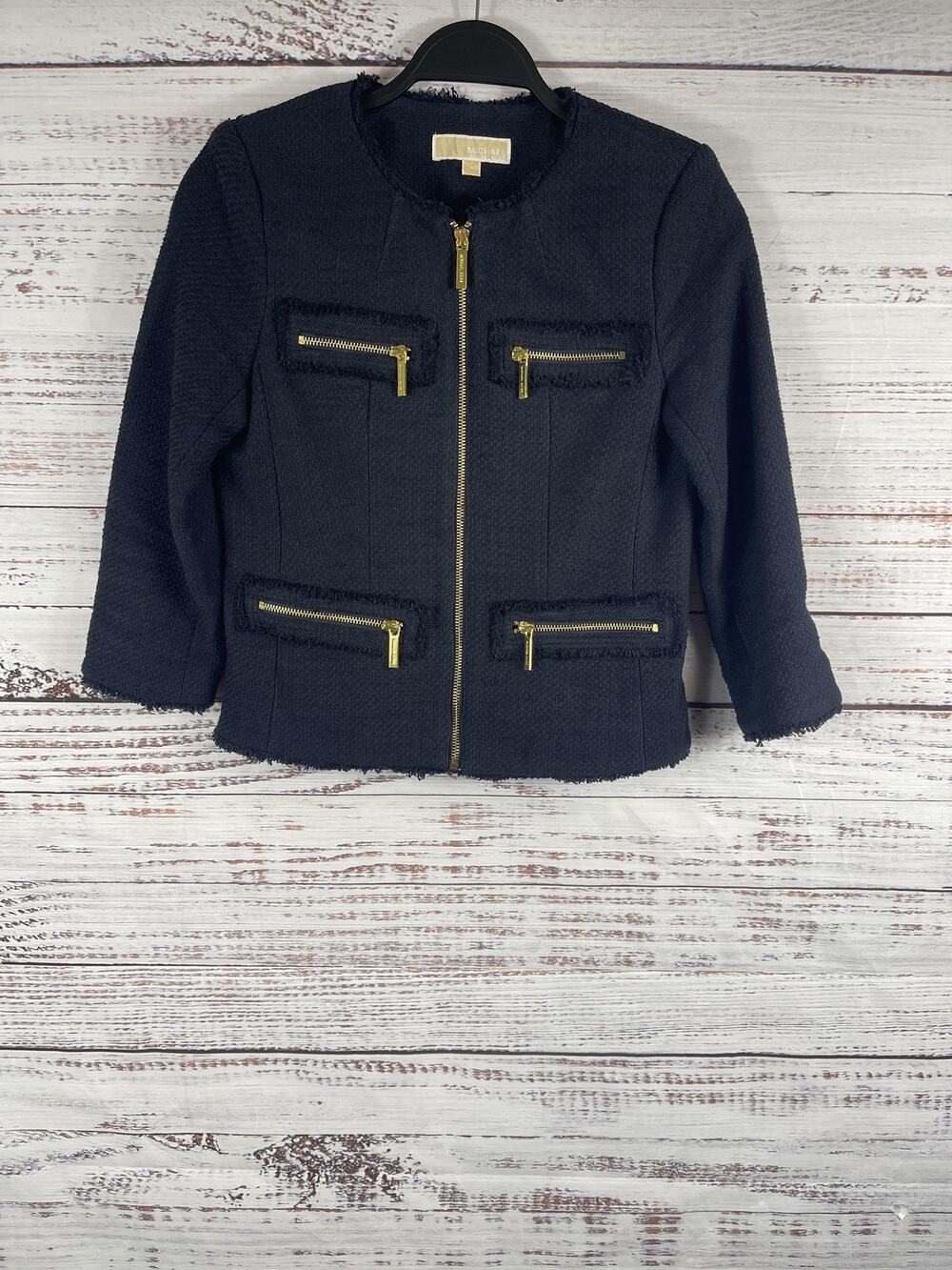 Michael Michael Kors Jacket Women's Size 4 Black Zip Front Tweed Gold Zippers